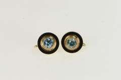 10K Yellow Gold 1940's Blue Topaz Black Enamel Screw Back Earrings
