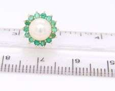 Elegant 6.5mm Pearl and Emerald Halo Earrings in Yellow Gold