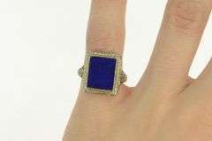 18K White Gold Art Deco Lapis Lazuli Filigree Squared Ring
