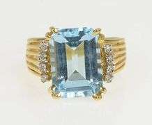 14K Yellow Gold Emerald Cut Blue Topaz Diamond Cocktail Ring