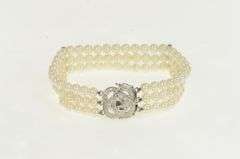 14K White Gold 1940's Diamond Pearl Ornate Swirl Layered Bracelet