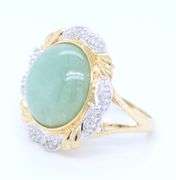 Charming Yellow Gold Green Jade and Diamond accent Ring