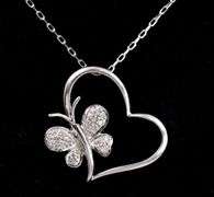 Adorable Heart and Butterfly Pendant Necklace in White Gold