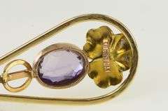 14K Yellow Gold Oval Amethyst Arts & Crafts Floral Vintage Pendant