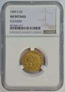 Very Scarce key date 1909-S $5 Indian Gold Piece. NGC AU