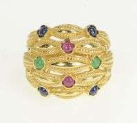 14K Yellow Gold Sapphire Emerald Ruby Scalloped Layered Ring