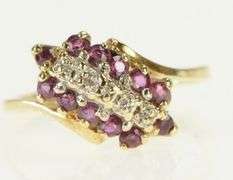 10K Yellow Gold Ruby Diamond Slanted Cluster Statement Ring