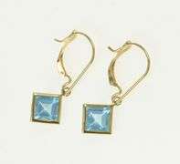 14K Yellow Gold Princess Blue Topaz Dangle Lever Back Earrings