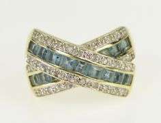 14K Yellow Gold Diamond Blue Topaz Criss Cross X Band Ring