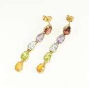 14K Yellow Gold Amethyst Topaz Citrine Garnet Dangle Earrings