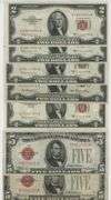 5 1953 $2 Red Seals in AU & 2 1928 $5 Red Seals in nice circ (7 total)