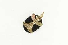 10K Yellow Gold Oval Black Hills Leaf Angel Onyx Statement Pendant