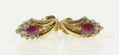 10K Yellow Gold Marquise Ruby Diamond Accent Vintage Earrings