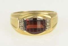 14K Yellow Gold Faceted Garnet Diamond Accent Men's Ring