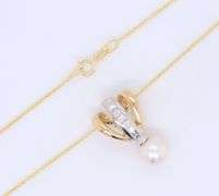 Powerful Yellow Gold Princess Cut Diamond and Pearl Drop Slider Pendant on Chain