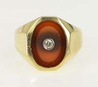 14K Yellow Gold Oval Carved Carnelian Diamond Vintage Men's Ring