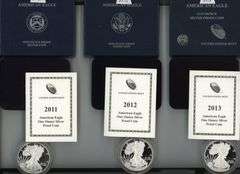 Original Gem Proof 2011, 2012, & 2013 $1 Silver Eagles. Box/COA