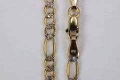 10k Yellow Gold-Hollow Pave Figaro Link Chain 3.3mm Bracelet 8"