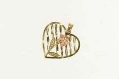 10K Yellow Gold Rose Flower Diamond Cut Striped Heart Charm/Pendant