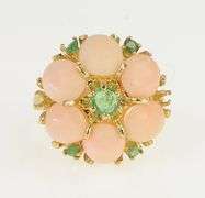 14K Yellow Gold 1960's Coral Emerald Vintage Domed Cocktail Ring