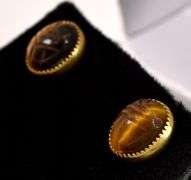 Vintage Tigers Eye Scarab Stud Earrings in 14K Yellow Gold