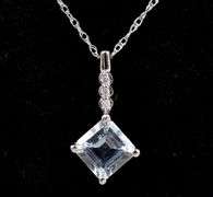 Excellent 14K White Gold Aquamarine and Diamond Pendant Necklace