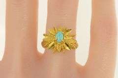 18K Yellow Gold Oval Turquoise Ornate Leaf Cluster Statement Ring