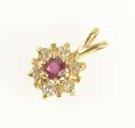 14K Yellow Gold Ruby Diamond Halo Flower Cluster Vintage Pendant