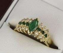 14K Yellow Gold Marquise Emerald Diamond Vintage Engagement Ring