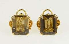 14K Yellow Gold Emerald Cut Smoky Quartz Clip Back Earrings