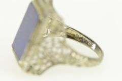 18K White Gold Art Deco Lapis Lazuli Filigree Squared Ring