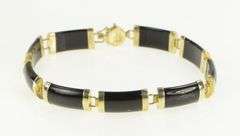 10K Yellow Gold Carved Black Onyx Bar Link Vintage Chinese Bracelet
