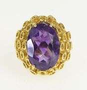 14K Yellow Gold Oval Amethyst Circle Pattern Geometric Ring