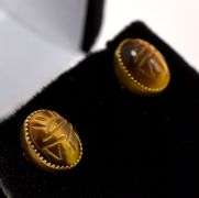 Vintage Tigers Eye Scarab Stud Earrings in 14K Yellow Gold