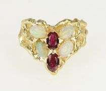 14K Yellow Gold Retro Ruby Opal Cluster Chevron Statement Ring