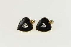 10K Yellow Gold 1940's Black Onyx Diamond Heart Love Stud Earrings