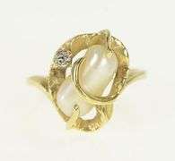 14K Yellow Gold Retro Ornate Pearl Diamond Accent Abstract Ring