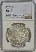 Frosty-white Choice BU 1879-S Morgan Silver Dollar. NGC MS63