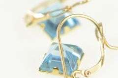 14K Yellow Gold Princess Blue Topaz Dangle Lever Back Earrings