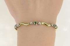 14K Yellow Gold Emerald Diamond Accent Wavy Link Vintage Bracelet
