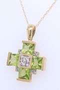 Gorgeous Yellow Gold Peridot and Diamond Cross Pendant on Chain