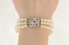 14K White Gold 1940's Diamond Pearl Ornate Swirl Layered Bracelet