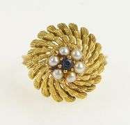 18K Yellow Gold 1960's Seed Pearl Sapphire Swirl Cocktail Ring