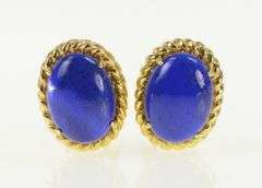 14K Yellow Gold Oval Vintage Lapis Lazuli French Clip Statement Earrings