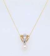 Powerful Yellow Gold Princess Cut Diamond and Pearl Drop Slider Pendant on Chain