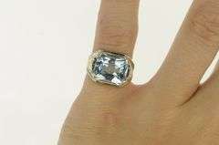 14K White Gold Art Deco Blue Topaz Engraved Floral Statement Ring
