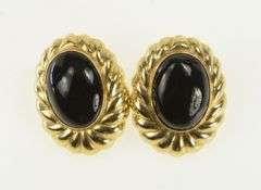 14K Yellow Gold Oval Black Onyx Vintage Scalloped Stud Earrings