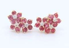Gorgeous Yellow Gold Ruby and Diamond Cluster Earrings