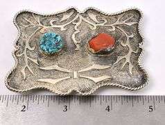 Turquoise and Coral Belt Buckle in Sterling Silver