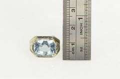 14K White Gold Art Deco Blue Topaz Engraved Floral Statement Ring